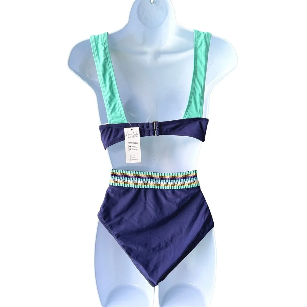 NWT CUPSHE Navy Blue High Waist Bikini 2-Piece Set‎ Swimsuit Womens L - Picture 3 of 9